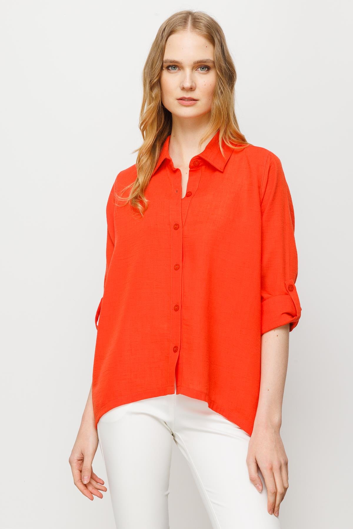 23773Kadın Geniş Kesim Düz Keten Gömlek Oranj