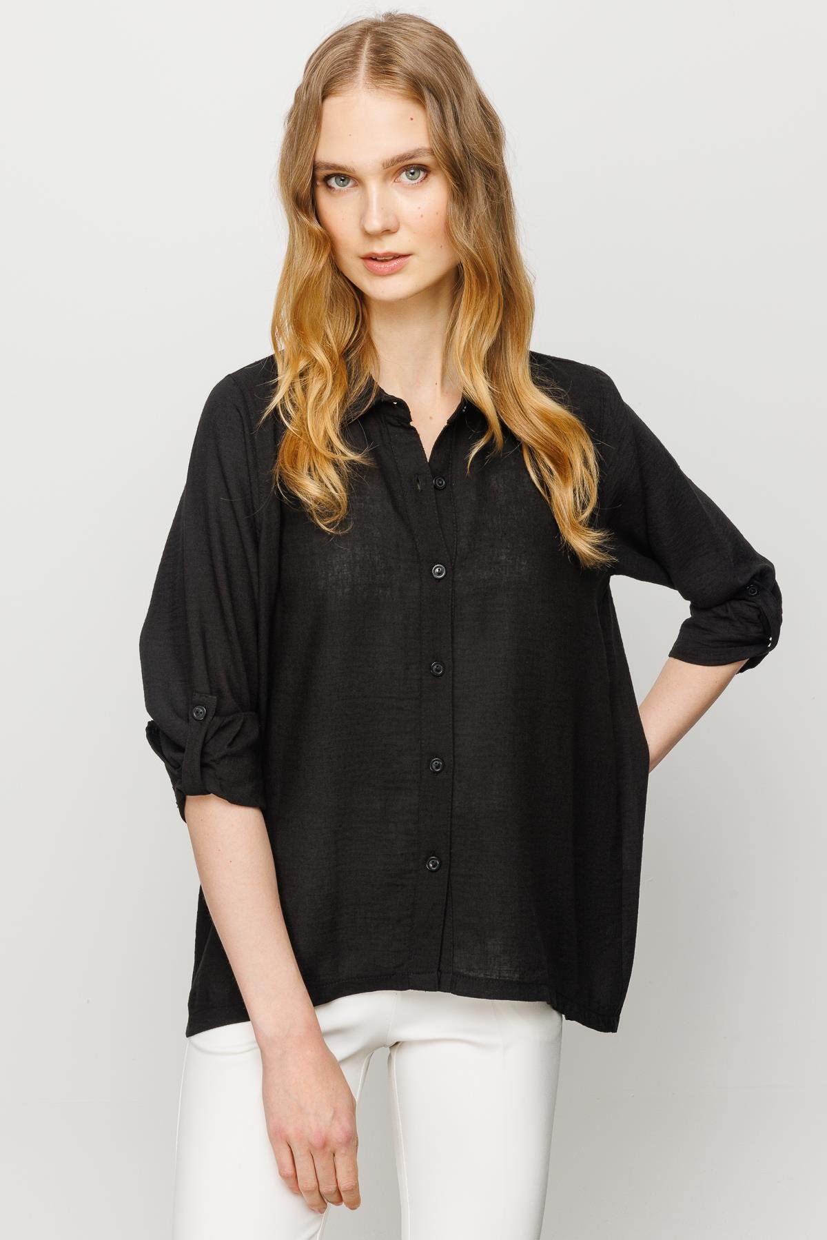 23773Kadın Geniş Kesim Düz Keten Gömlek Siyah