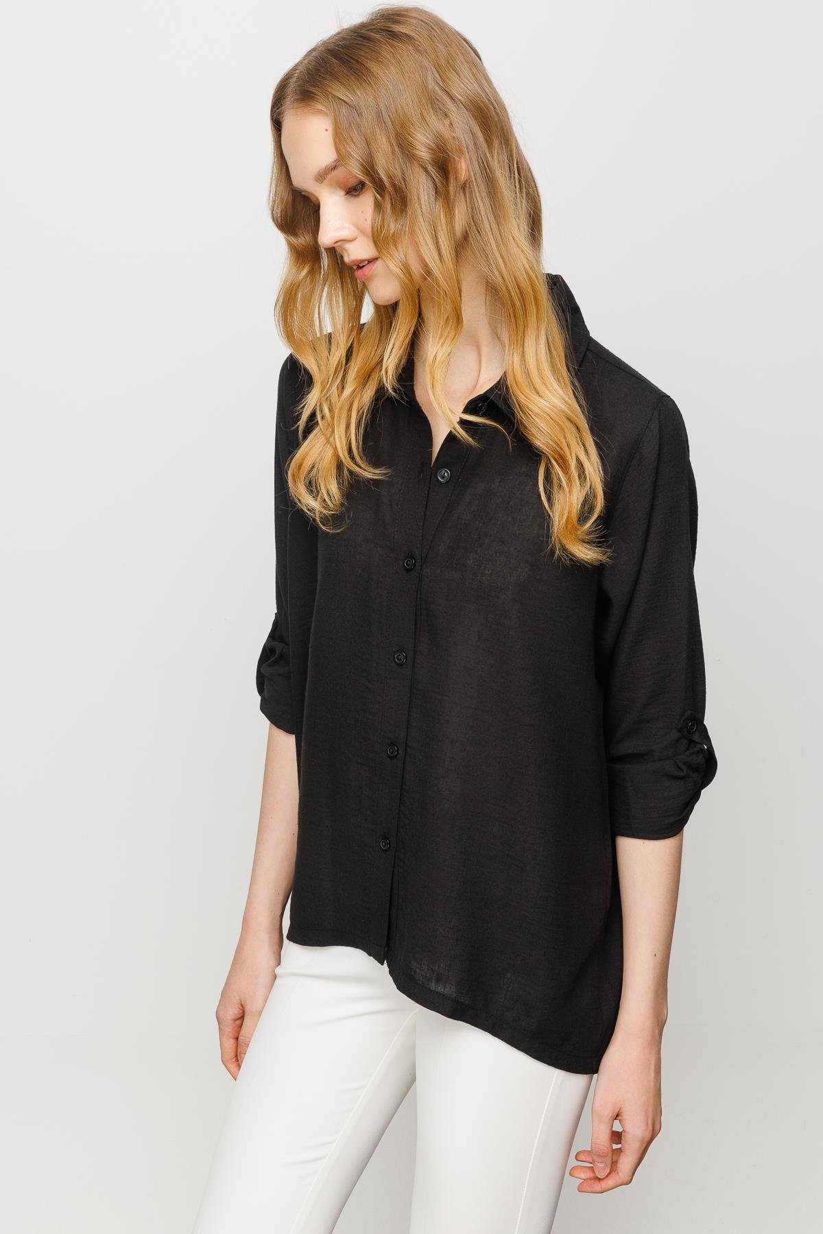 23773Kadın Geniş Kesim Düz Keten Gömlek Siyah