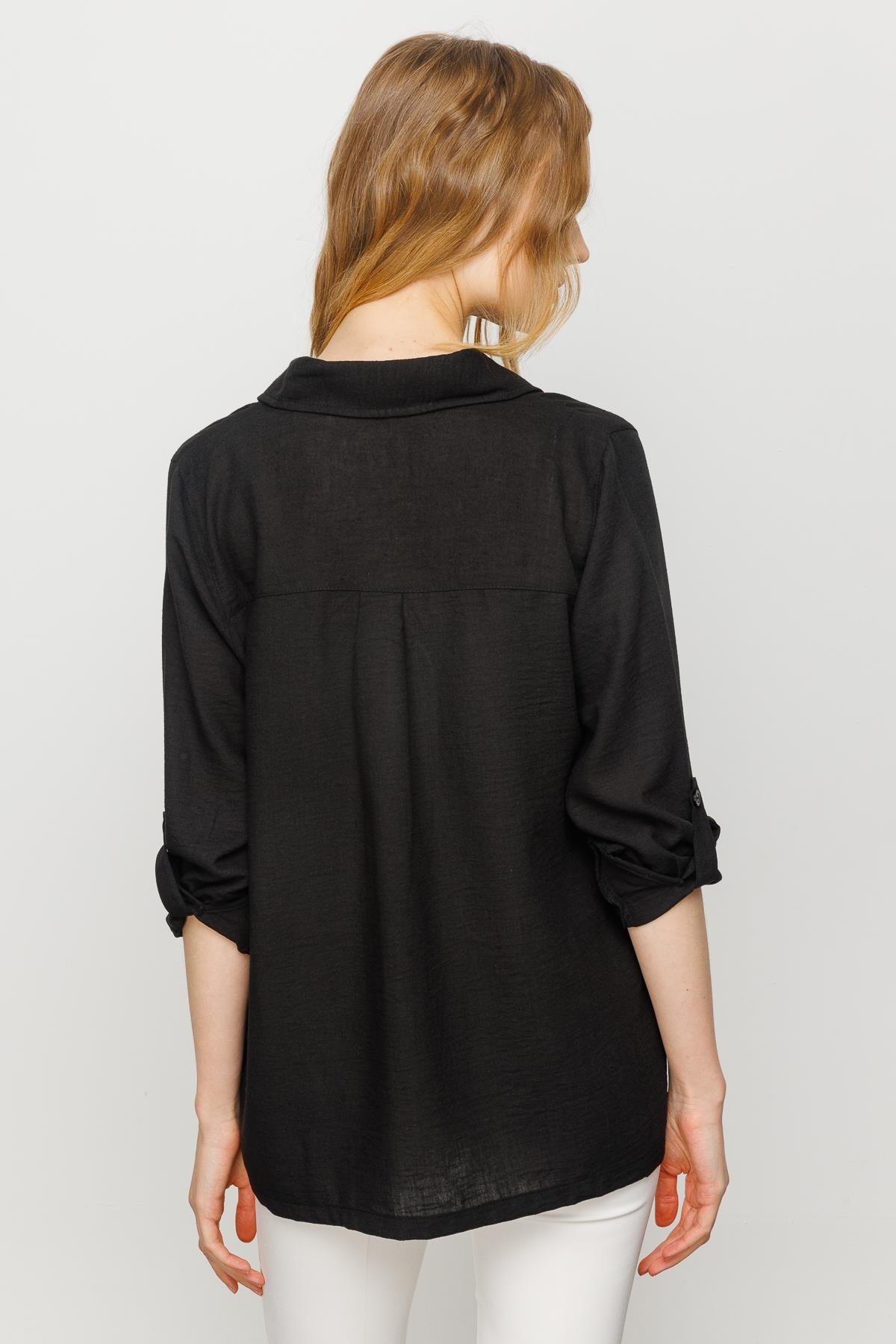 23773Kadın Geniş Kesim Düz Keten Gömlek Siyah