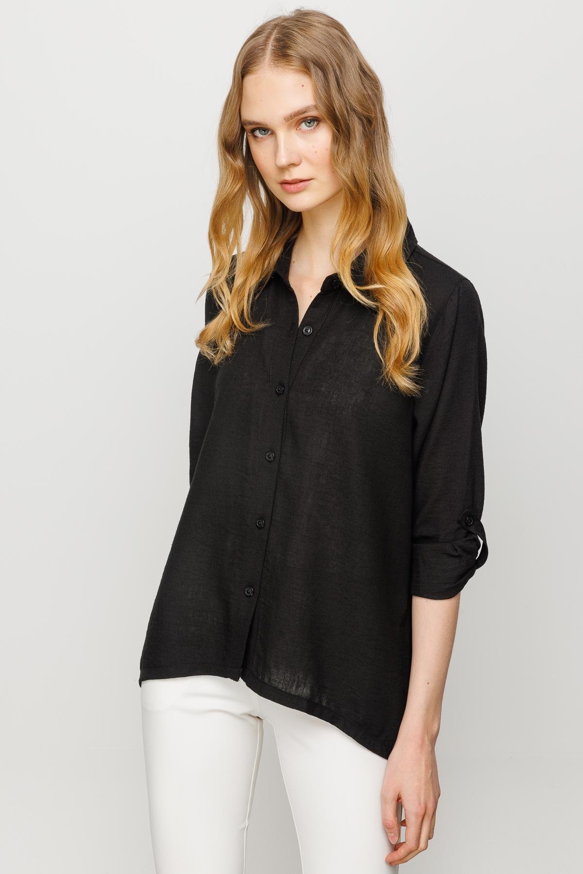 23773Kadın Geniş Kesim Düz Keten Gömlek Siyah