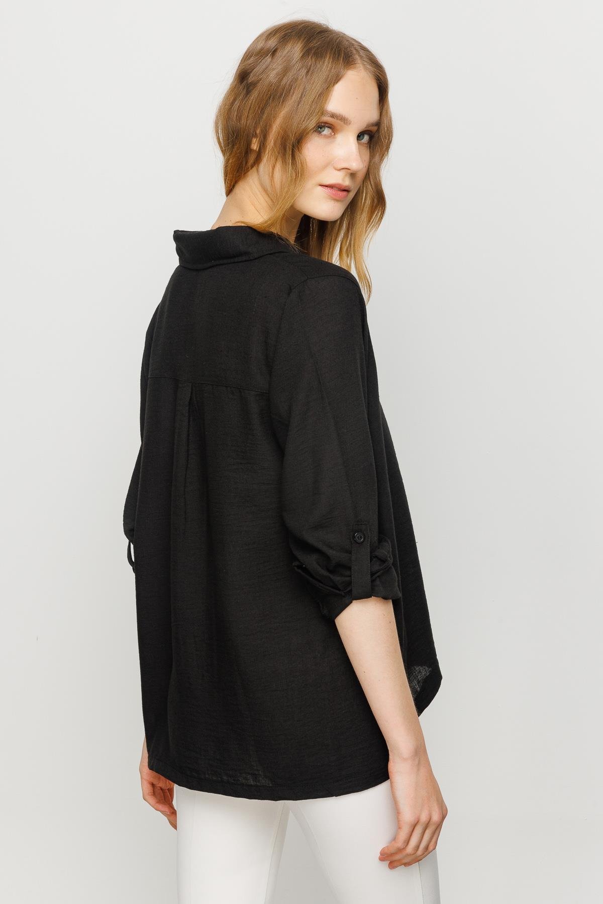 23773Kadın Geniş Kesim Düz Keten Gömlek Siyah