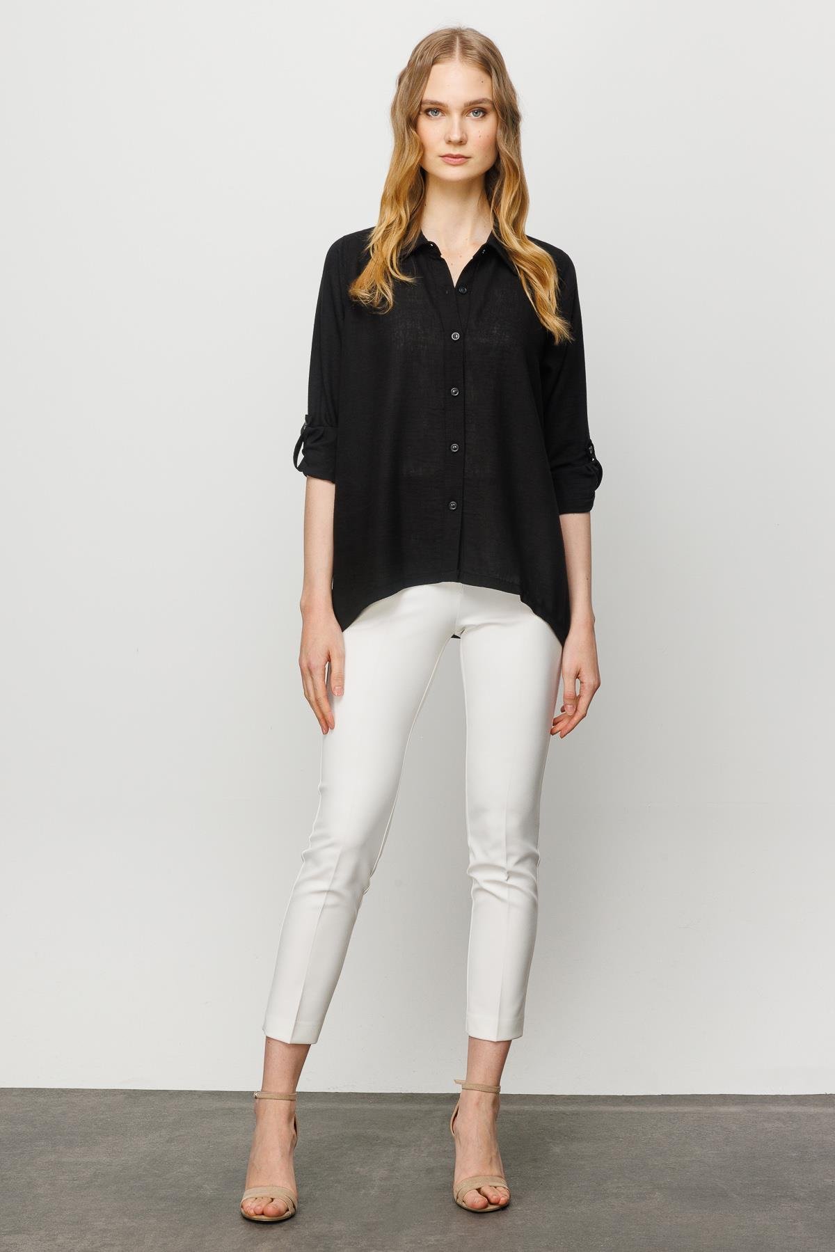 23773Kadın Geniş Kesim Düz Keten Gömlek Siyah