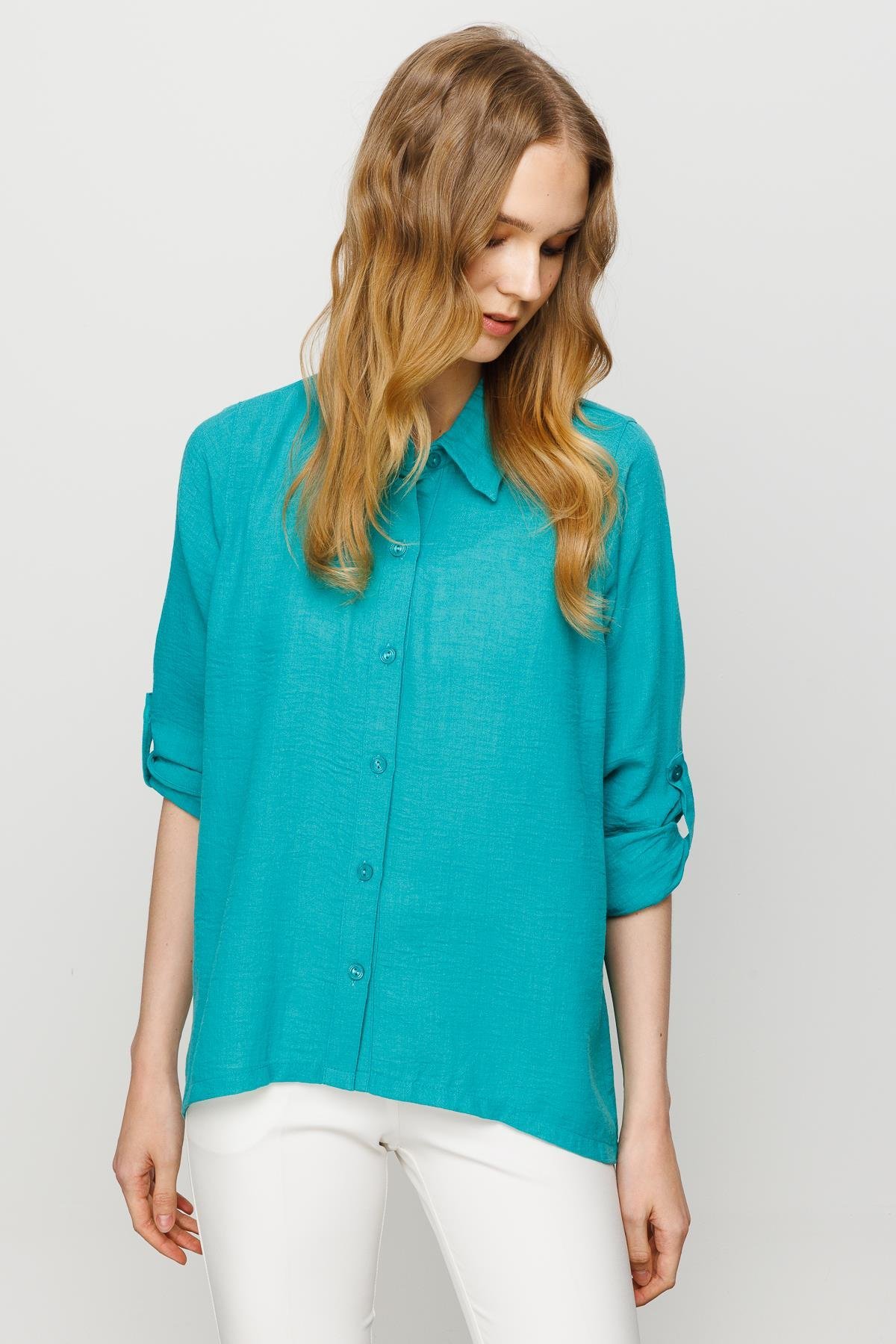 23773Kadın Geniş Kesim Düz Keten Gömlek Yeşil