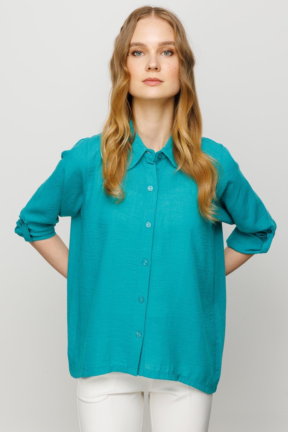 23773Kadın Geniş Kesim Düz Keten Gömlek Yeşil