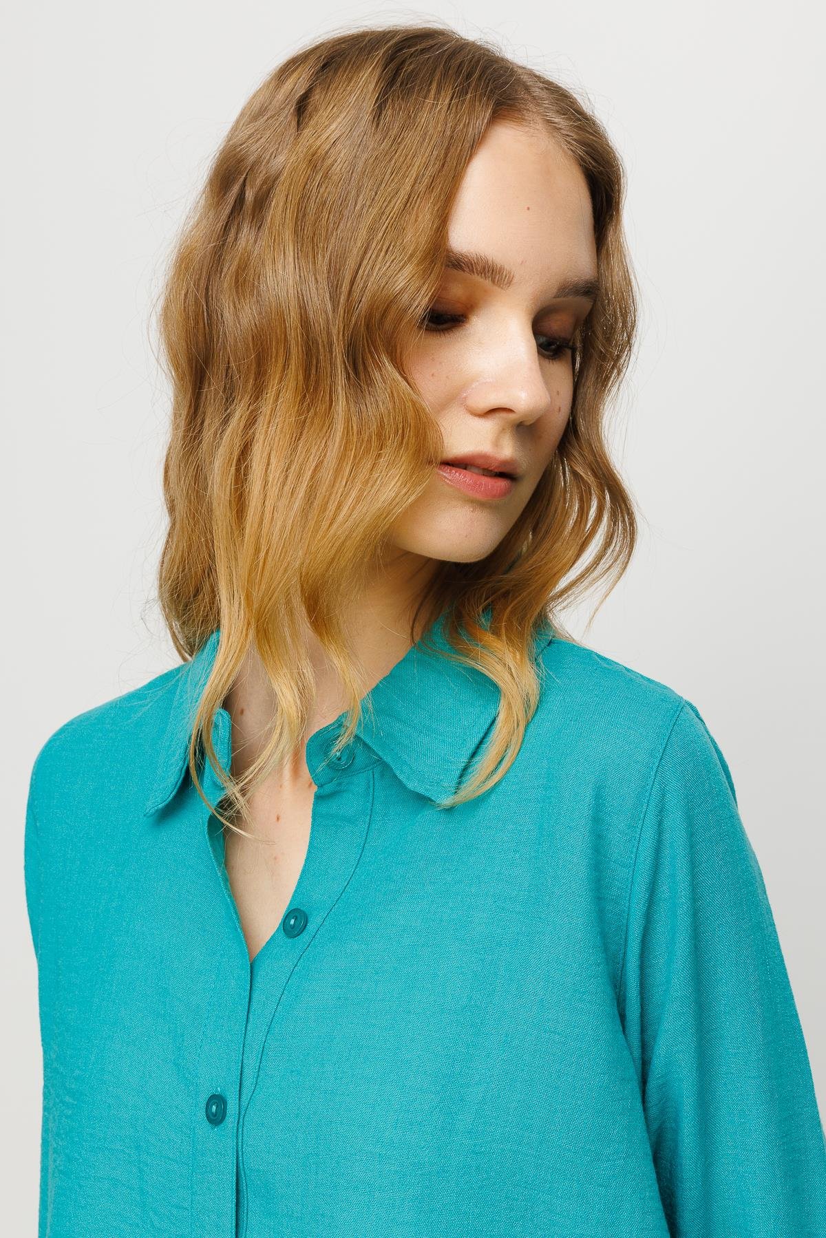 23773Kadın Geniş Kesim Düz Keten Gömlek Yeşil