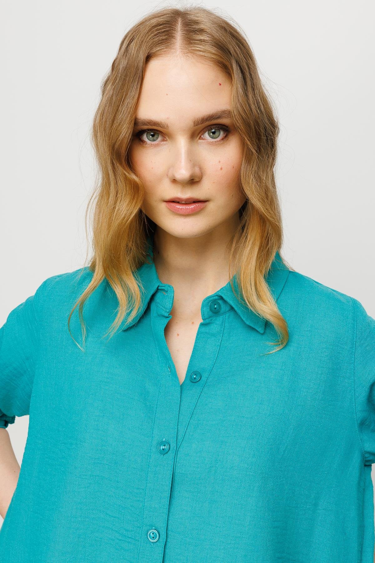 23773Kadın Geniş Kesim Düz Keten Gömlek Yeşil