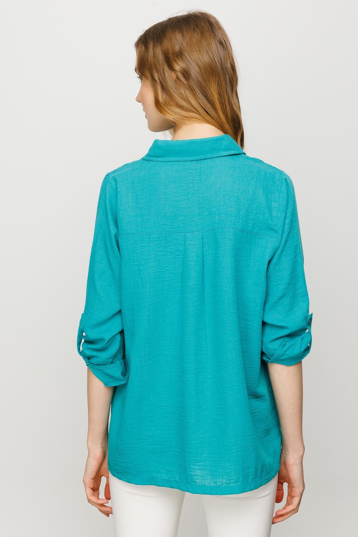 23773Kadın Geniş Kesim Düz Keten Gömlek Yeşil