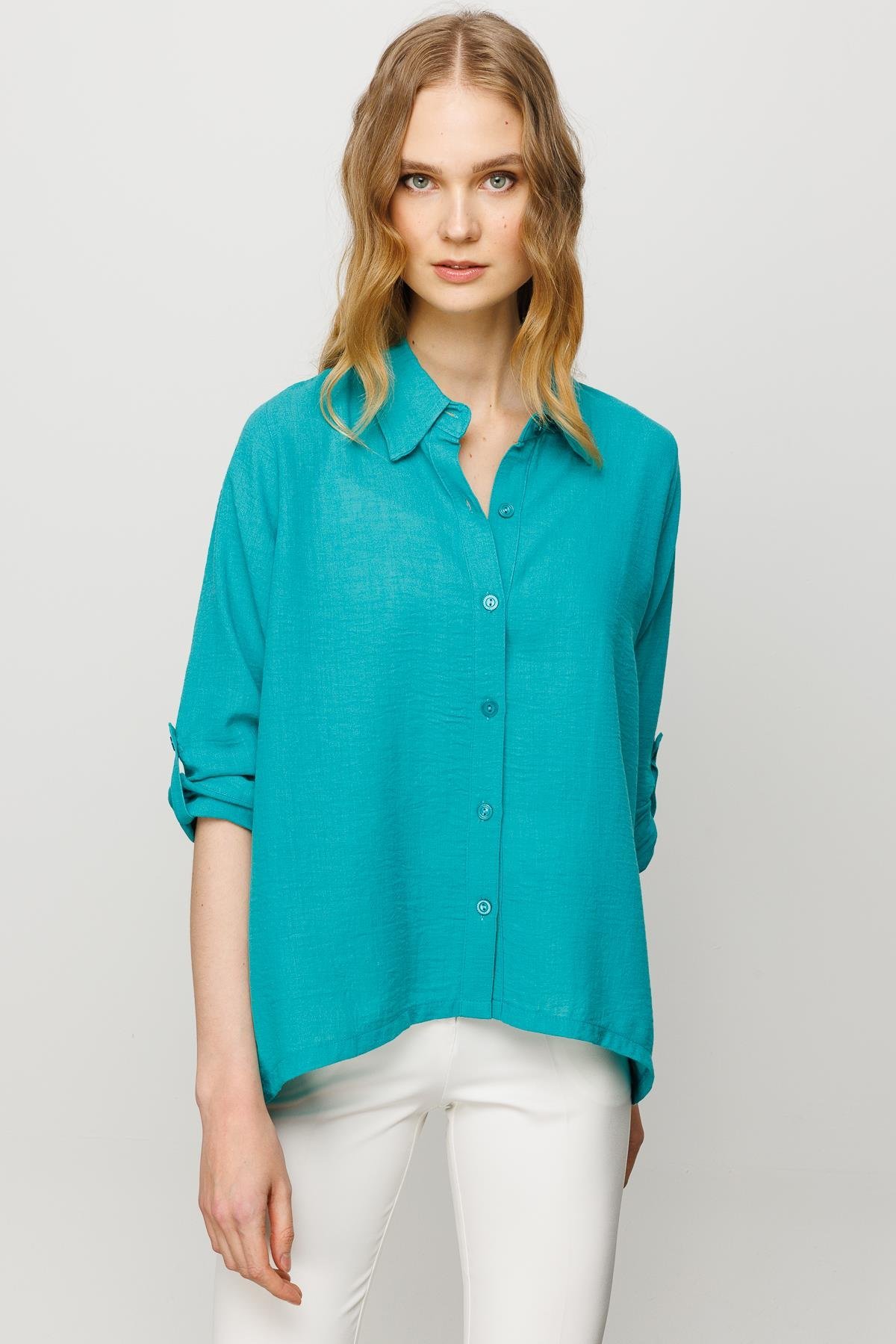 23773Kadın Geniş Kesim Düz Keten Gömlek Yeşil