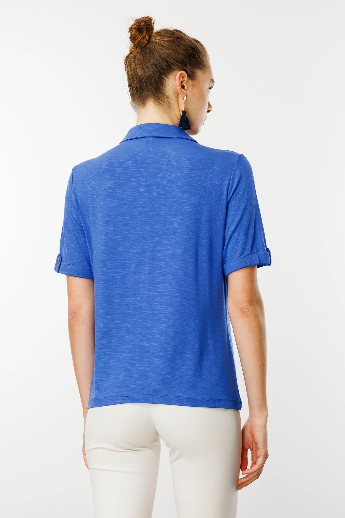 25831Kadın Göğsü Cepli Penye Gömlek İndigo