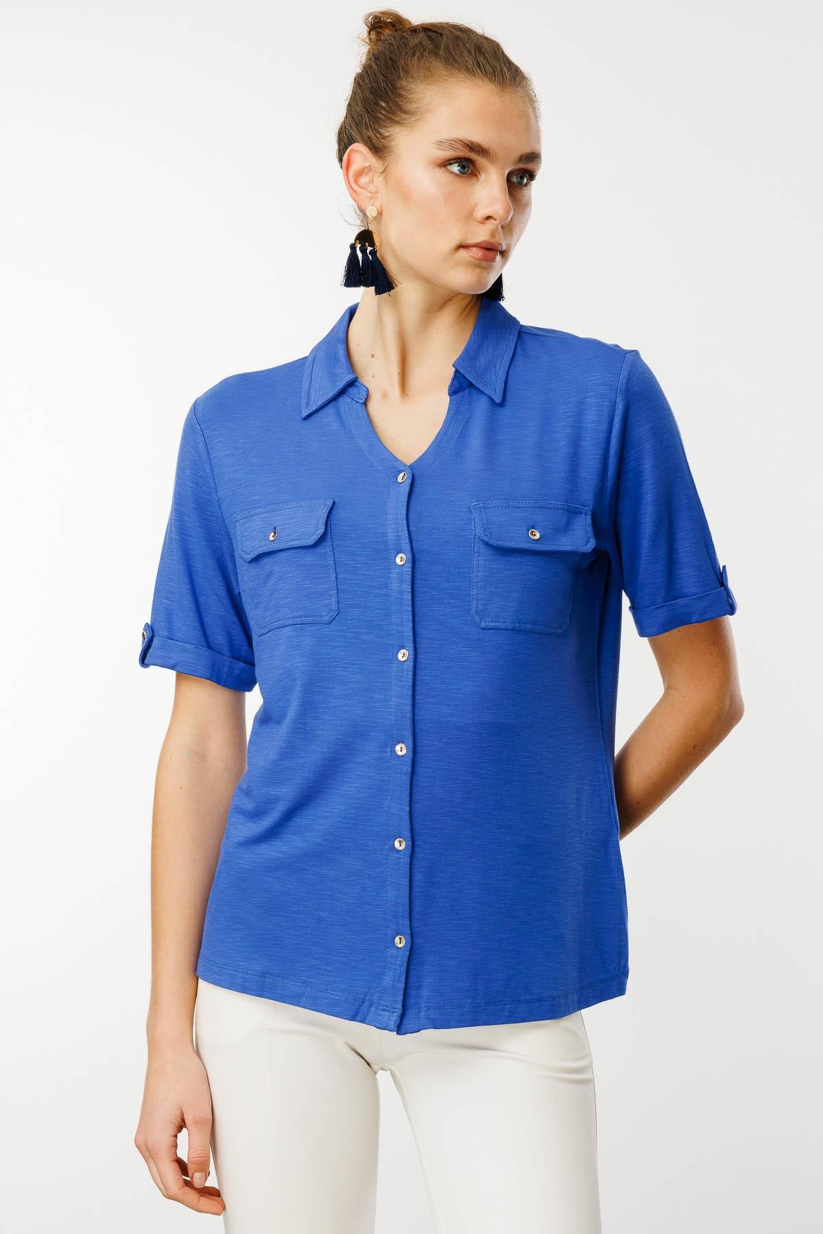 25831Kadın Göğsü Cepli Penye Gömlek İndigo