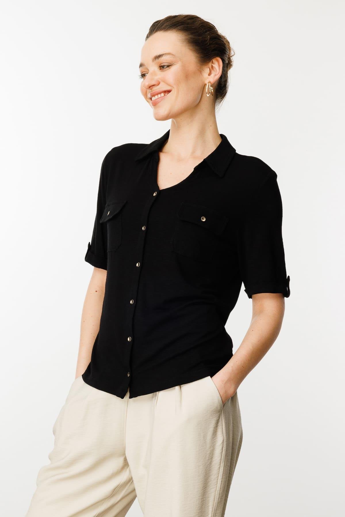 25831Kadın Göğsü Cepli Penye Gömlek Siyah
