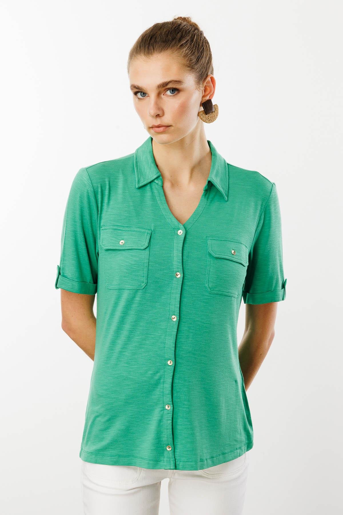 25831Kadın Göğsü Cepli Penye Gömlek Yeşil