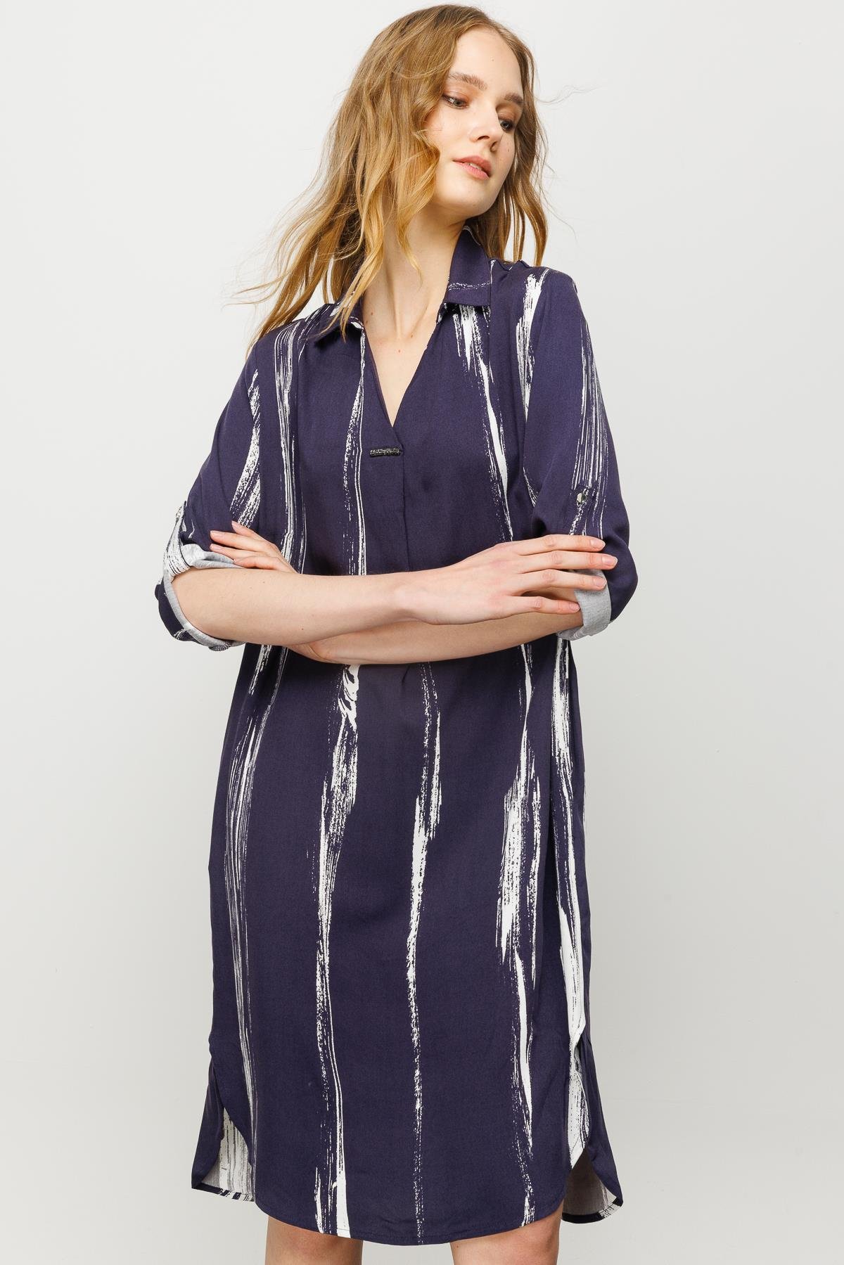 23463Kadın Gömlek Yaka Desenli Elbise Lacivert