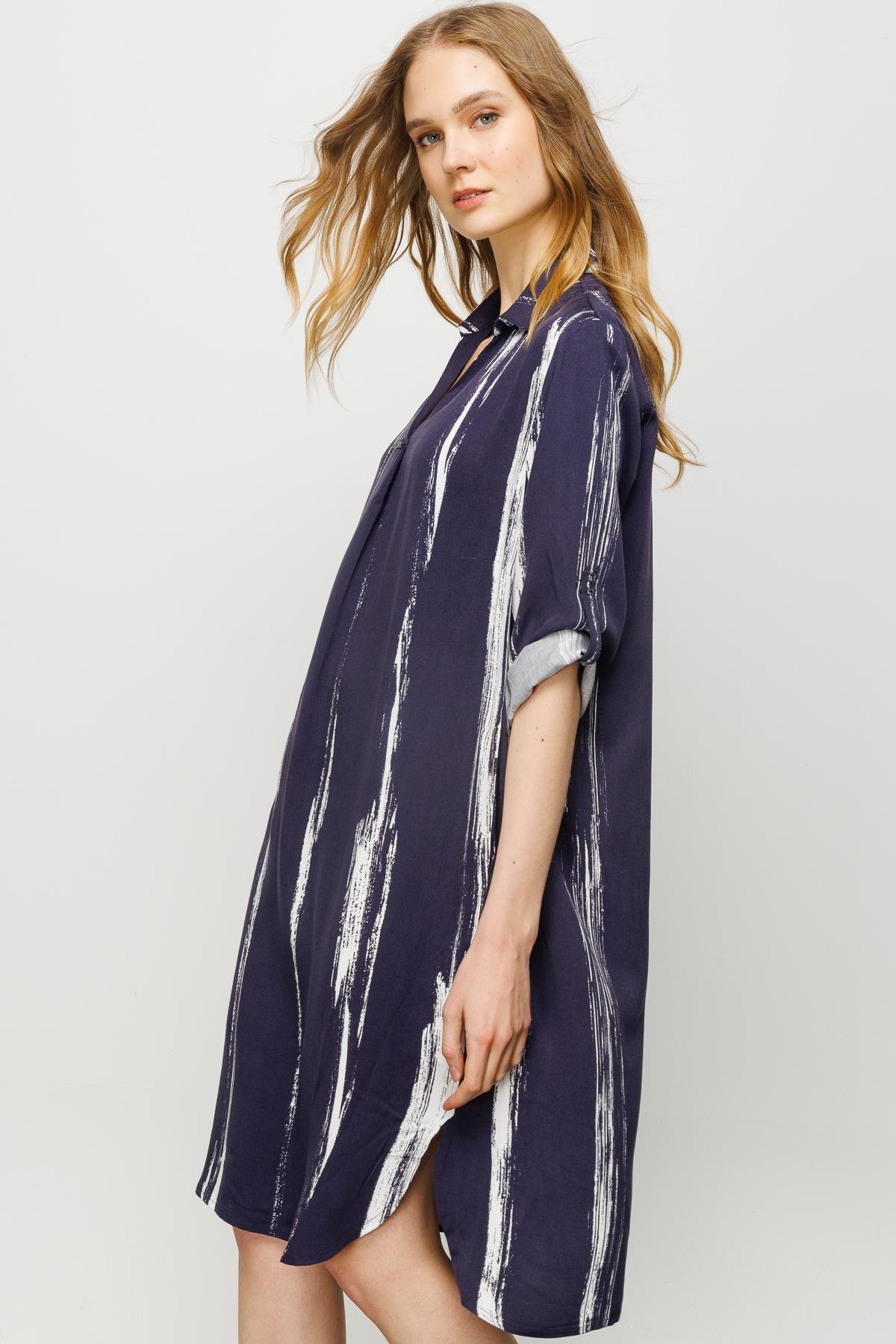 23463Kadın Gömlek Yaka Desenli Elbise Lacivert