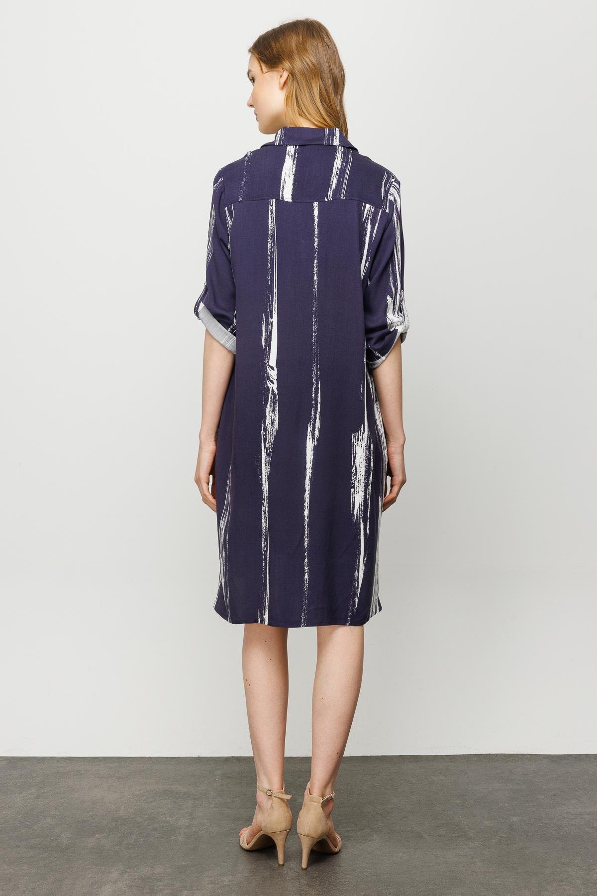 23463Kadın Gömlek Yaka Desenli Elbise Lacivert