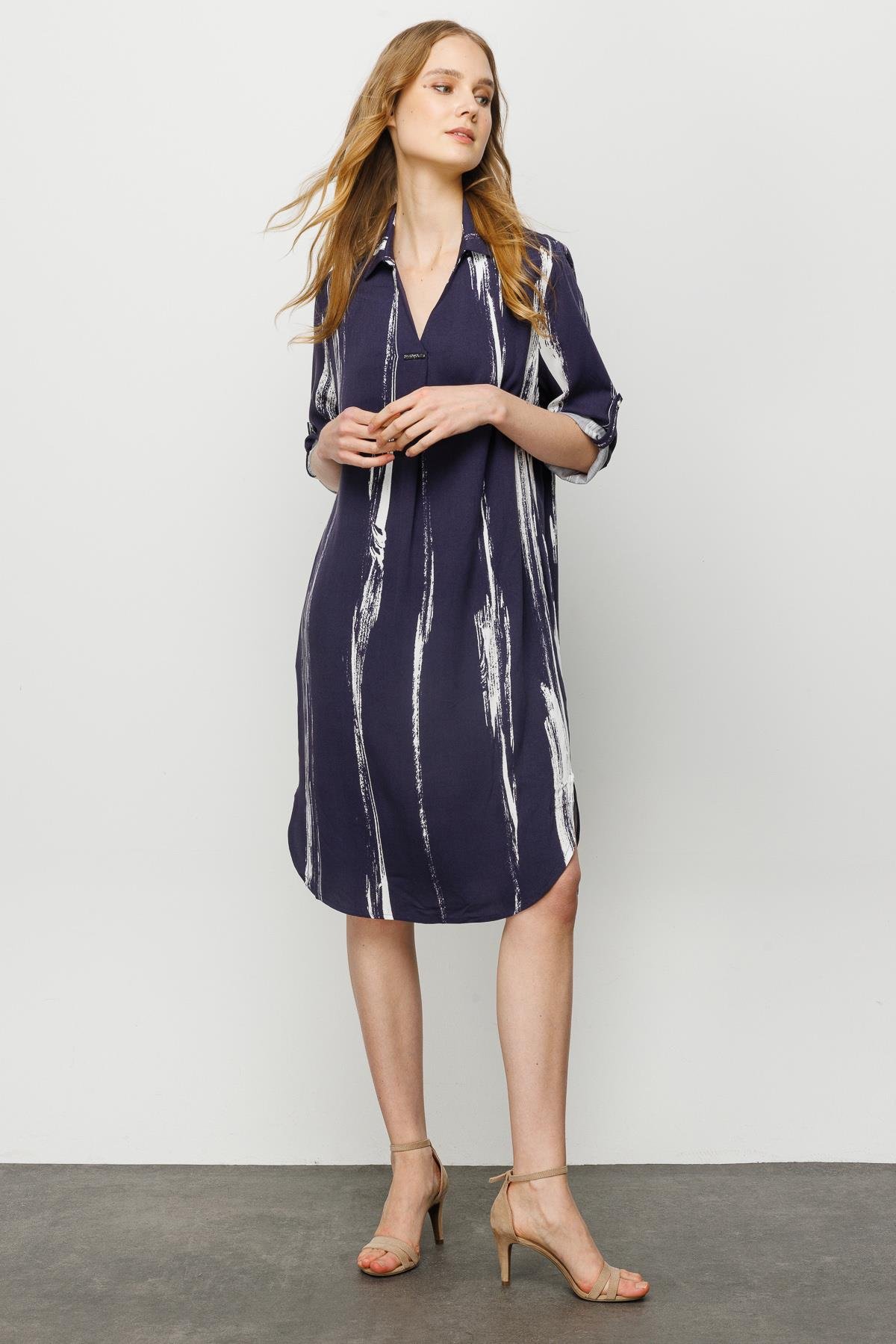 23463Kadın Gömlek Yaka Desenli Elbise Lacivert