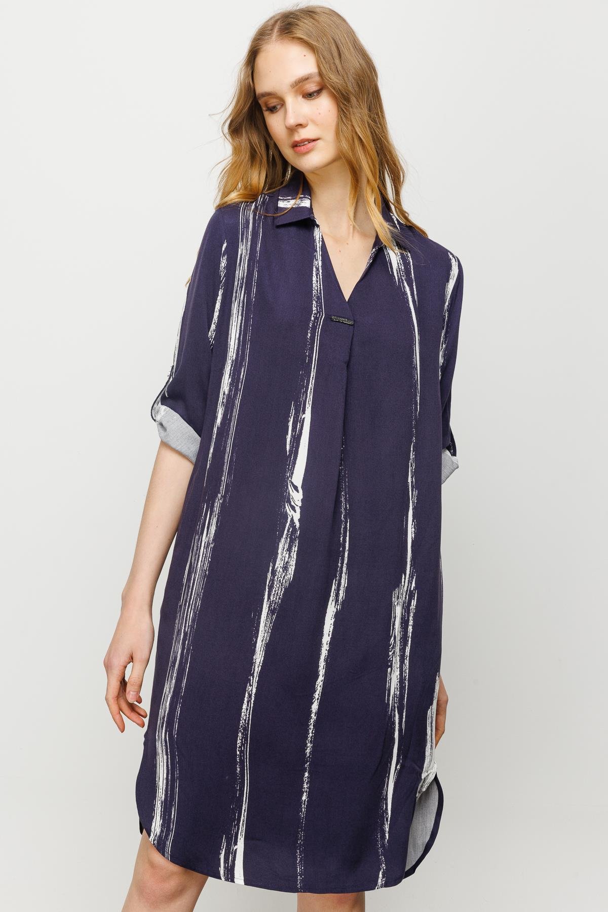 23463Kadın Gömlek Yaka Desenli Elbise Lacivert