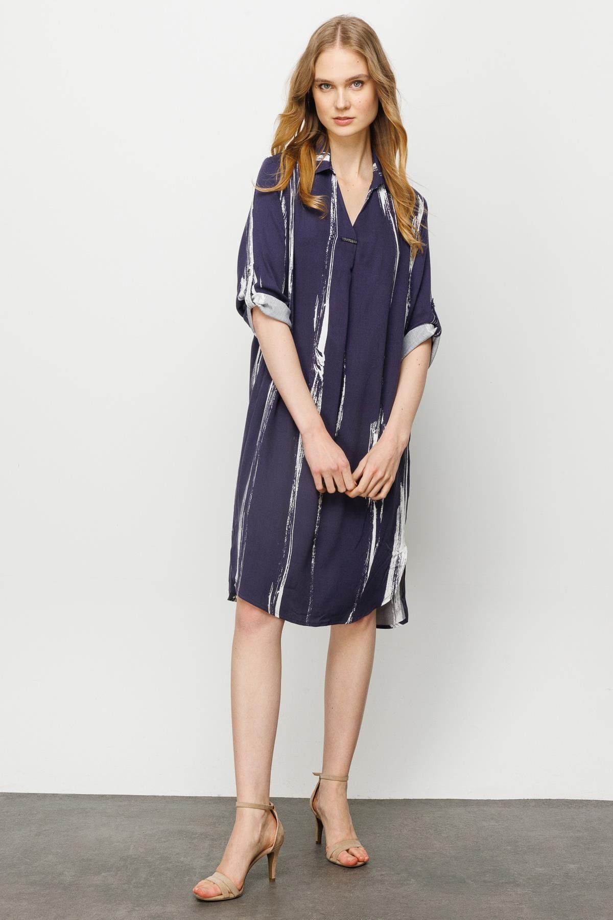 23463Kadın Gömlek Yaka Desenli Elbise Lacivert