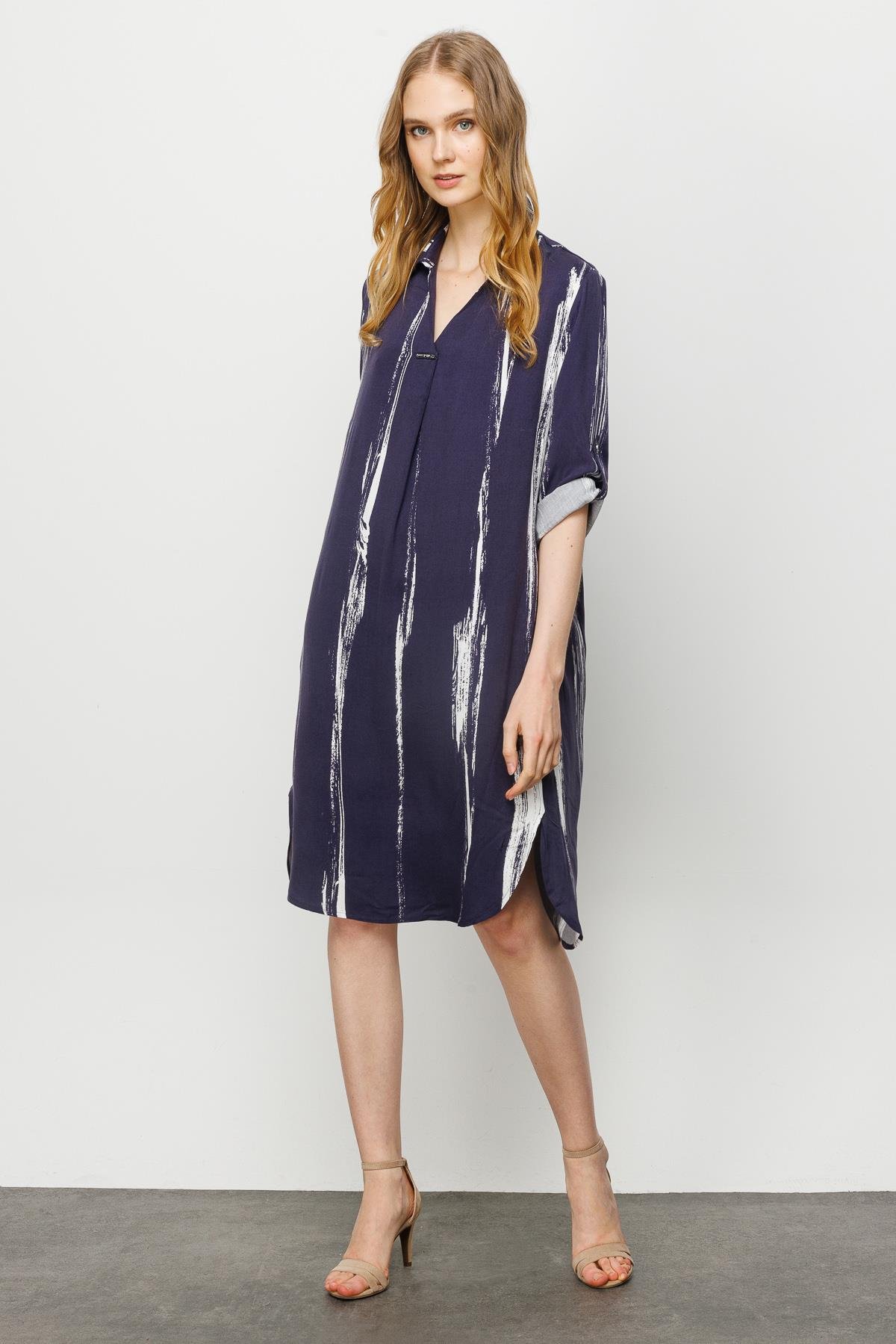 23463Kadın Gömlek Yaka Desenli Elbise Lacivert