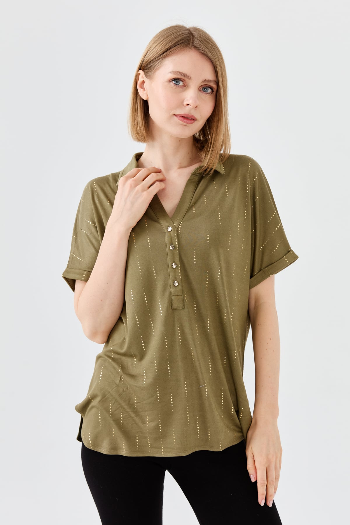 23472Kadın Gömlek Yaka Desenli Penye T-shirt Haki