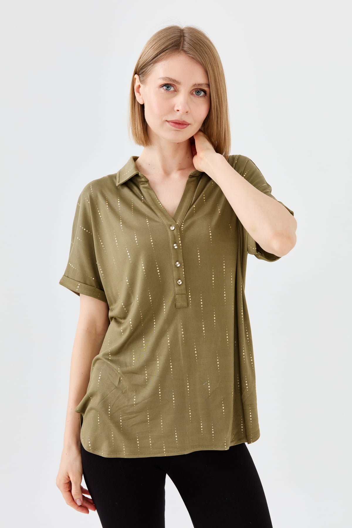 23472Kadın Gömlek Yaka Desenli Penye T-shirt Haki