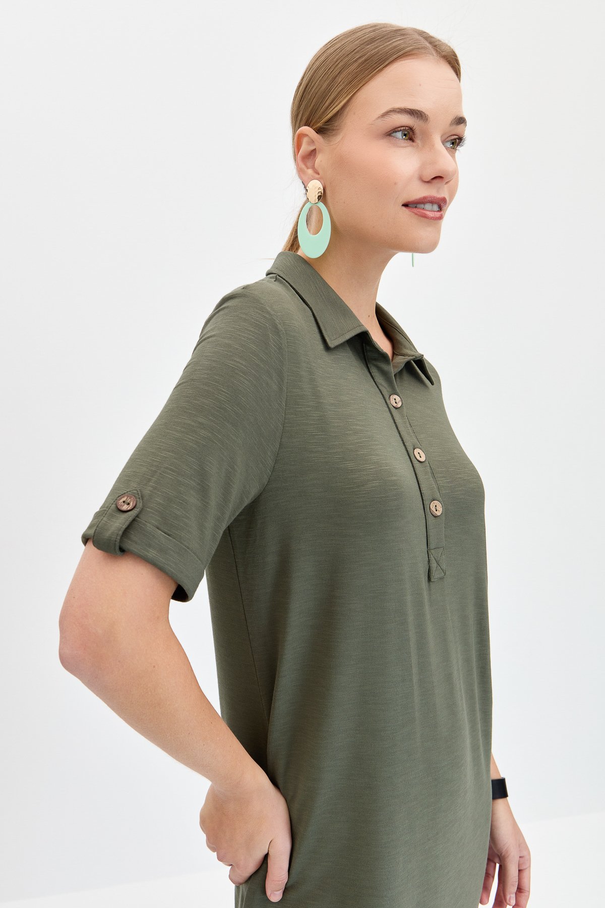 KMY24089Kadın Gömlek Yaka Penye Elbise Haki