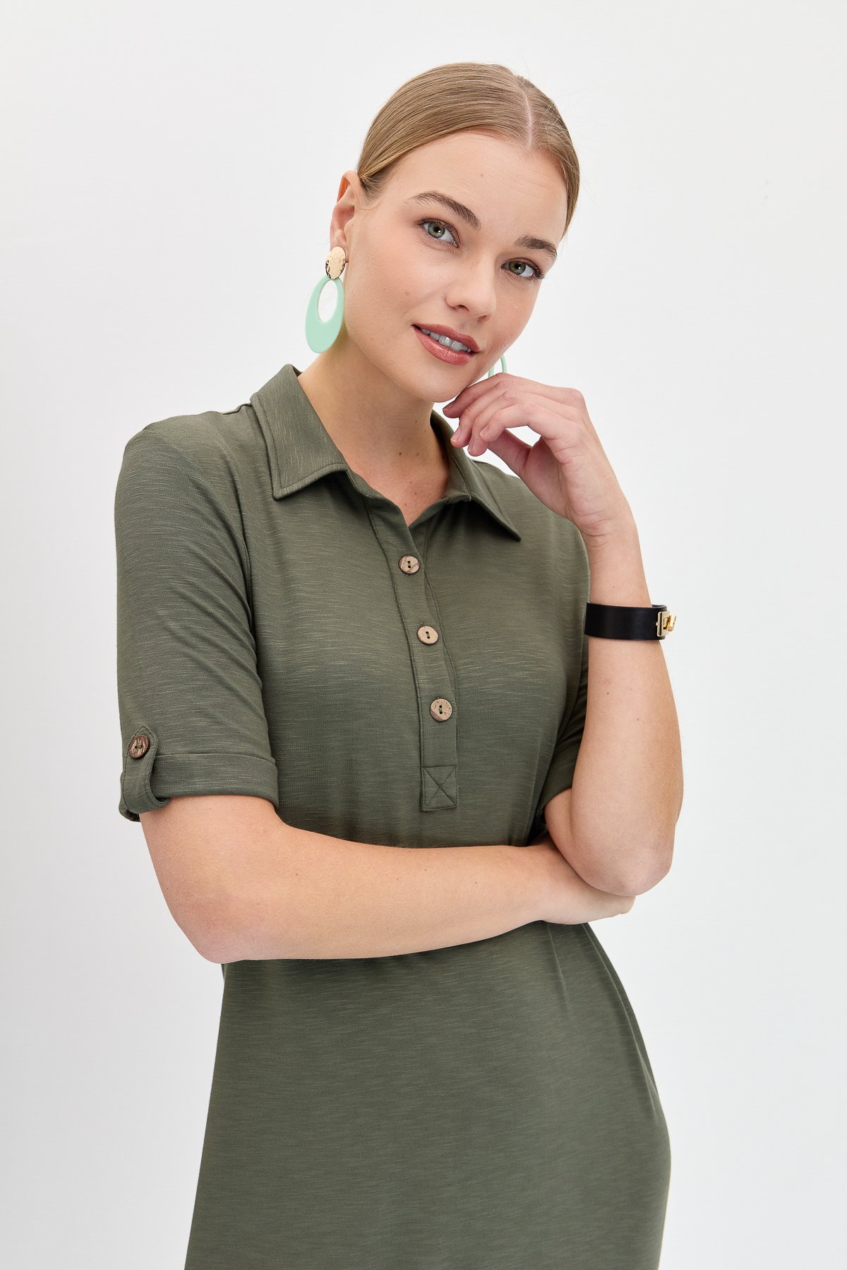 KMY24089Kadın Gömlek Yaka Penye Elbise Haki