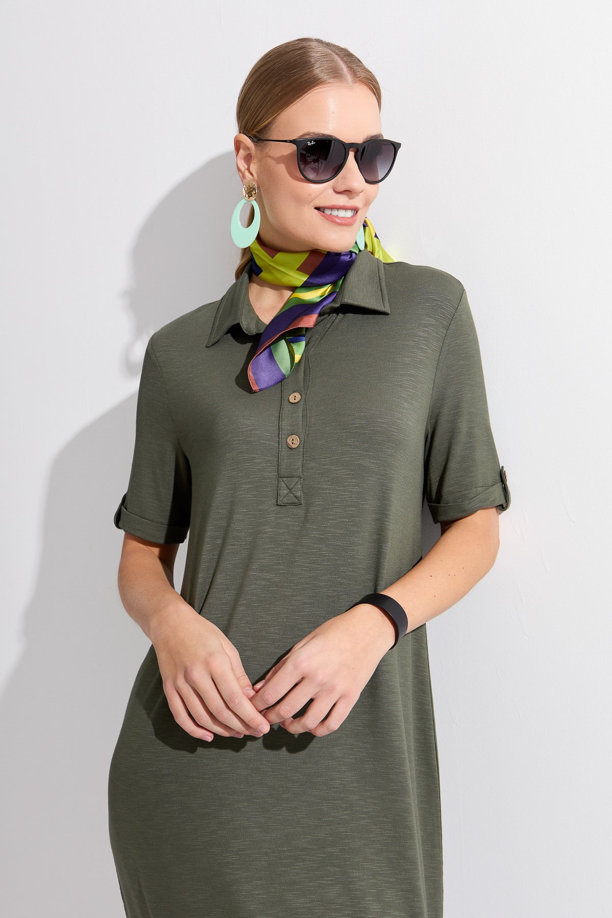 KMY24089Kadın Gömlek Yaka Penye Elbise Haki