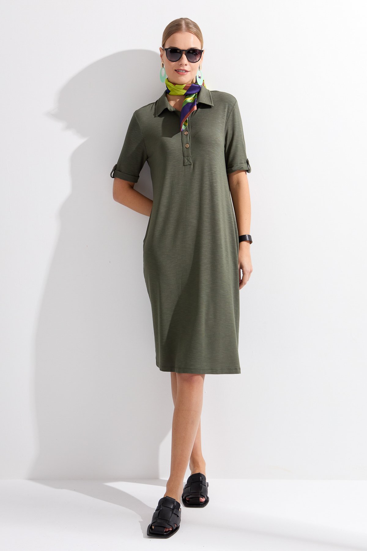 KMY24089Kadın Gömlek Yaka Penye Elbise Haki