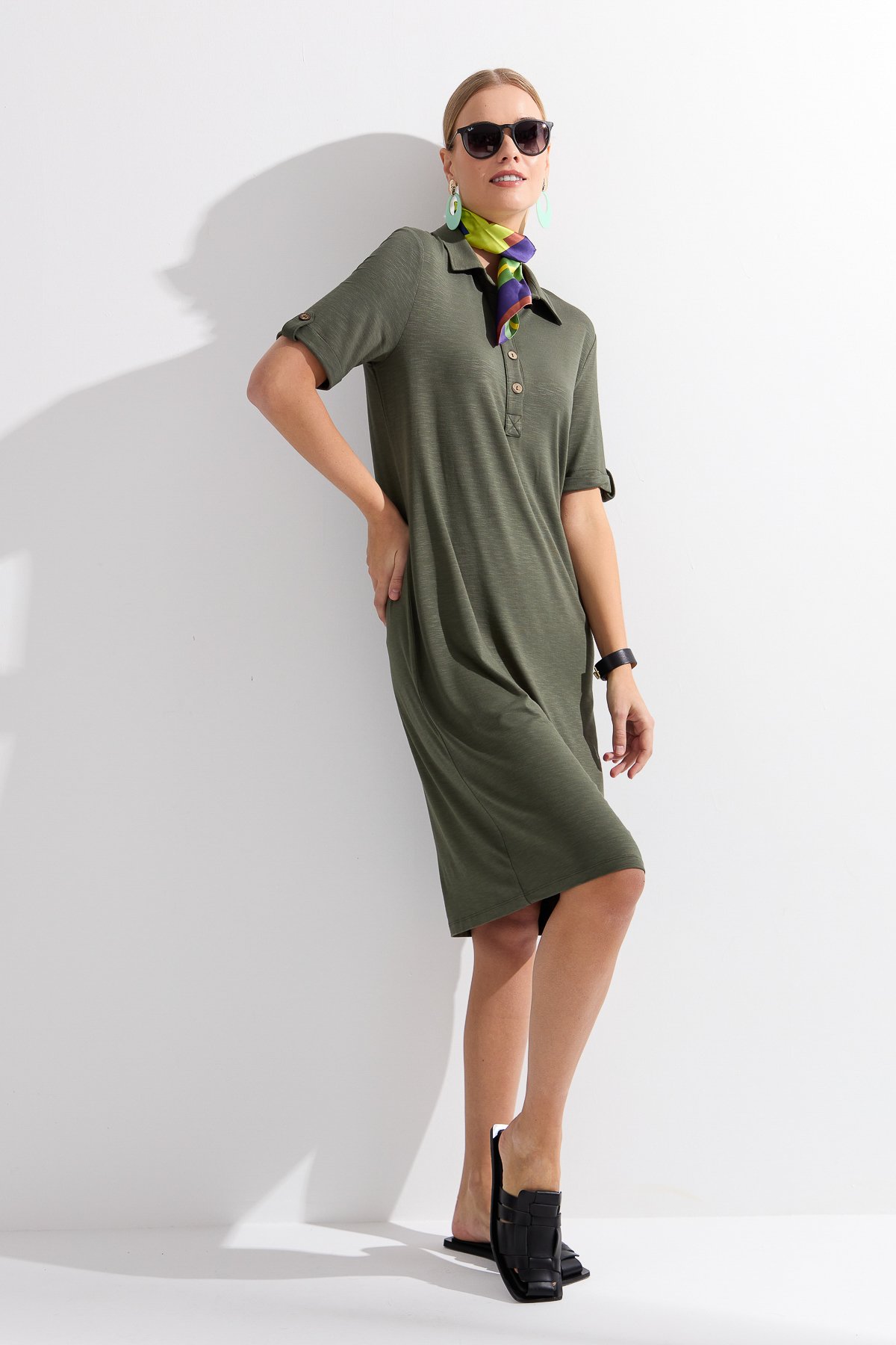 KMY24089Kadın Gömlek Yaka Penye Elbise Haki