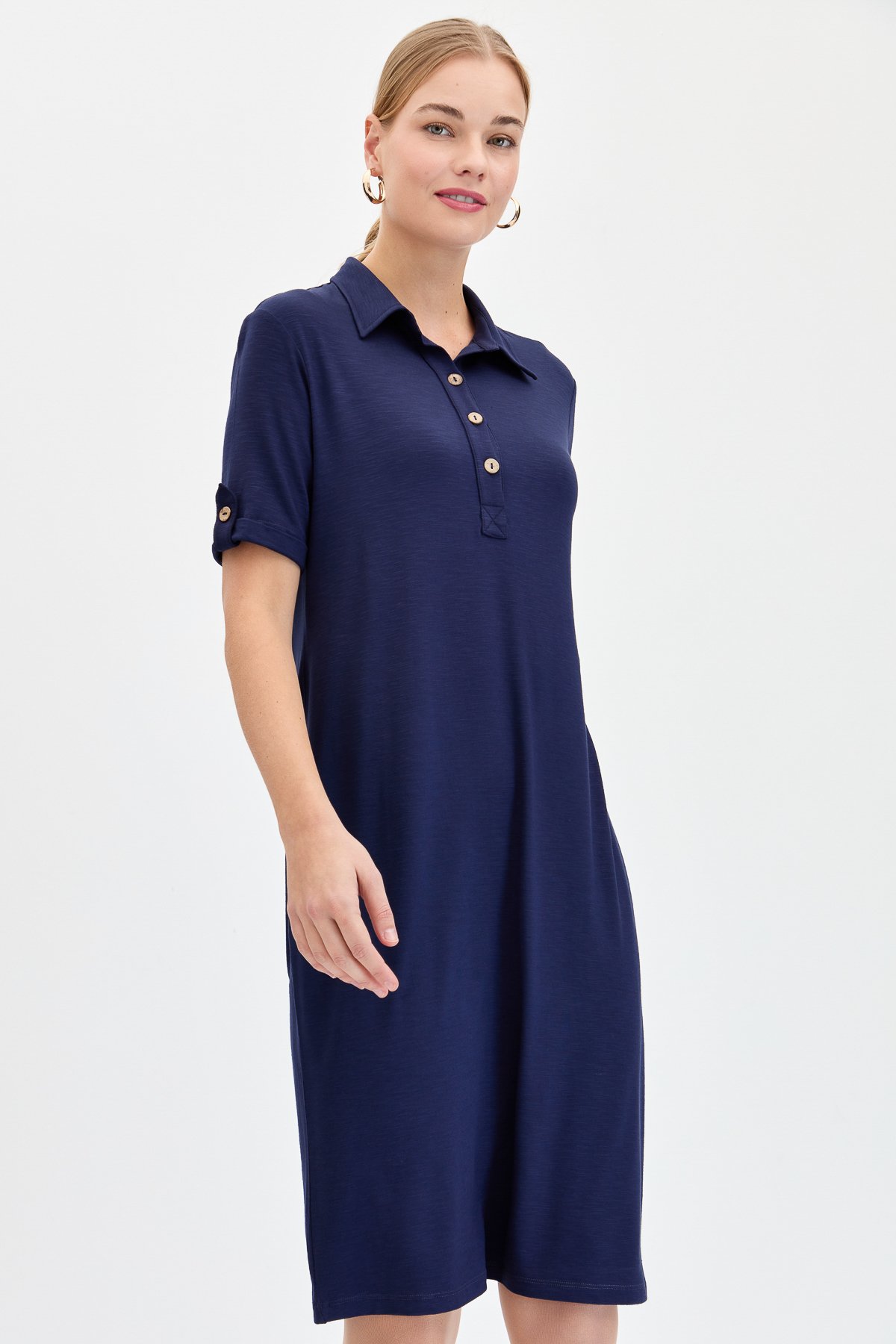 KMY24089Kadın Gömlek Yaka Penye Elbise K.Lacivert