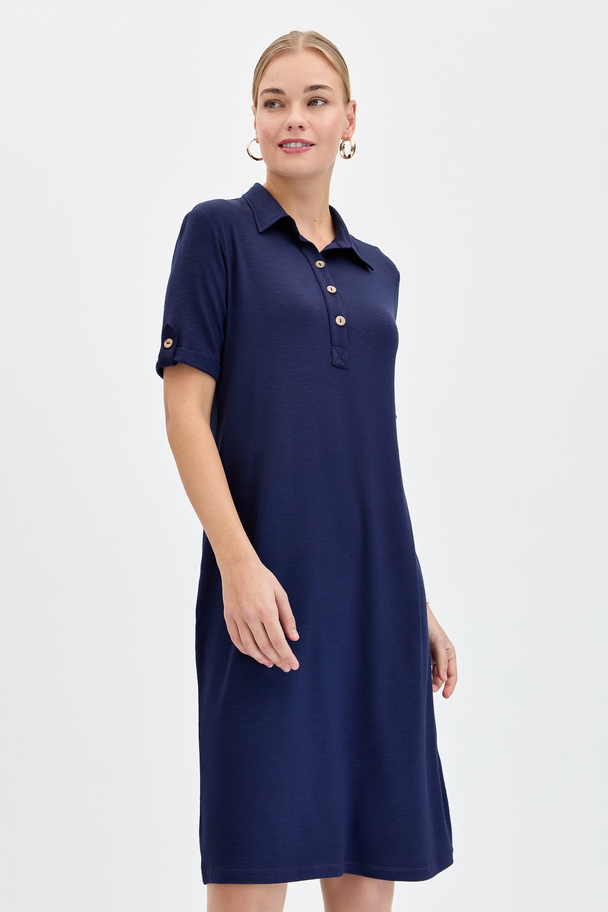 KMY24089Kadın Gömlek Yaka Penye Elbise K.Lacivert