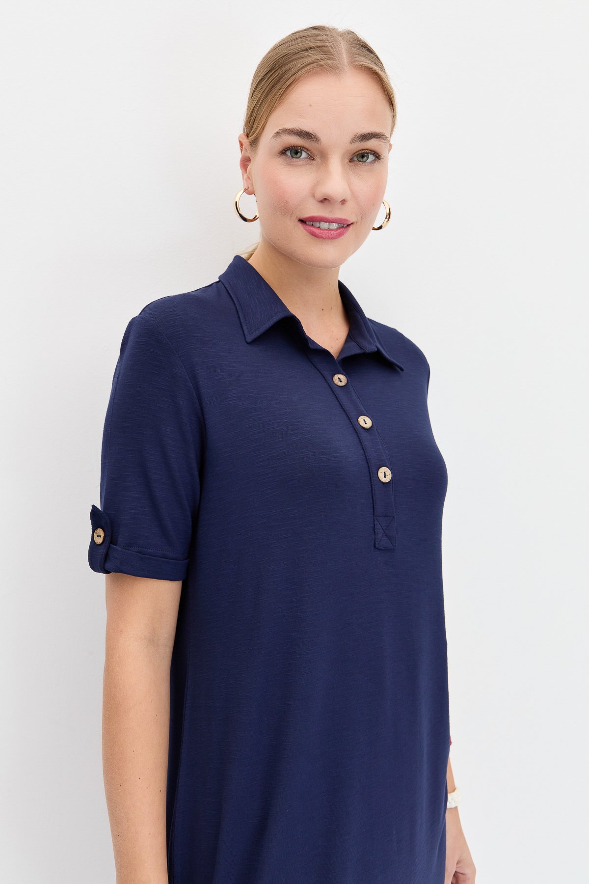 KMY24089Kadın Gömlek Yaka Penye Elbise K.Lacivert