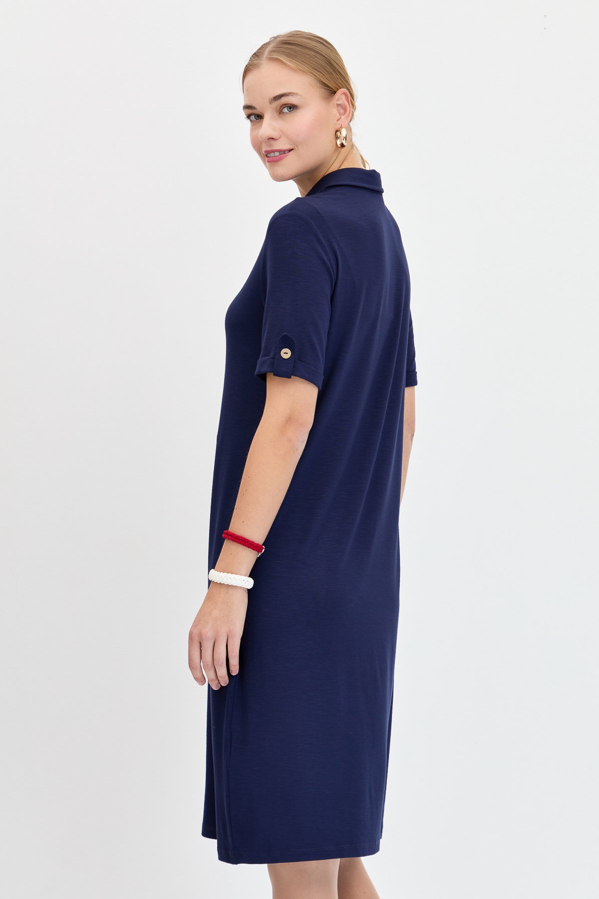 KMY24089Kadın Gömlek Yaka Penye Elbise K.Lacivert