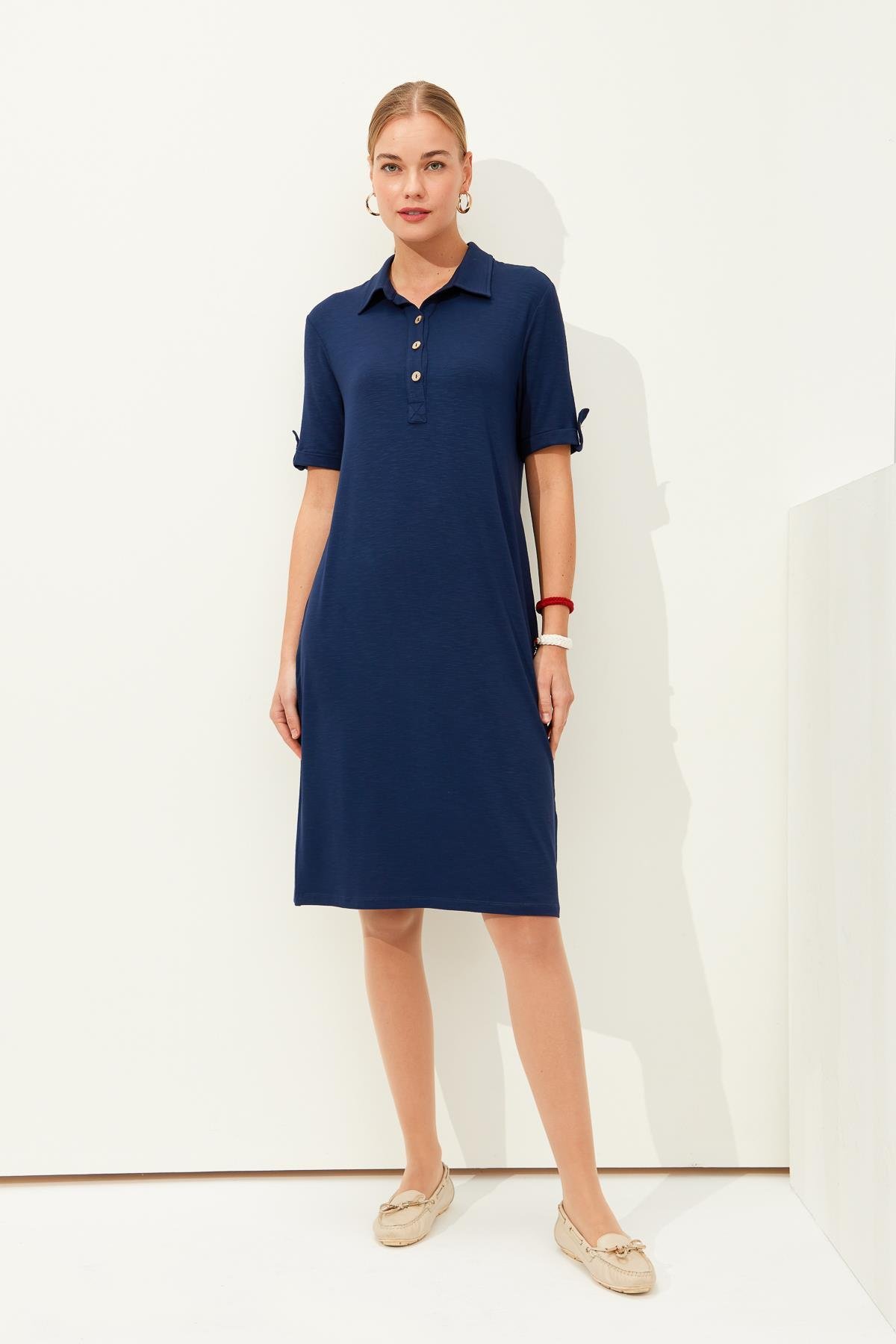 KMY24089Kadın Gömlek Yaka Penye Elbise K.Lacivert
