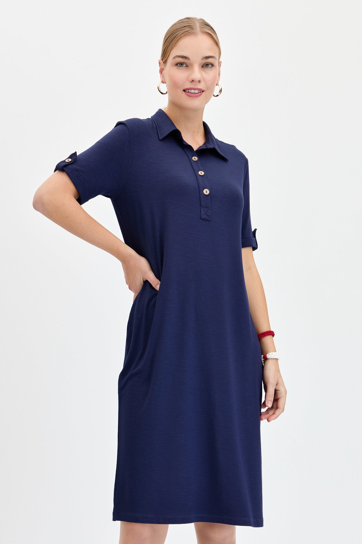 KMY24089Kadın Gömlek Yaka Penye Elbise K.Lacivert