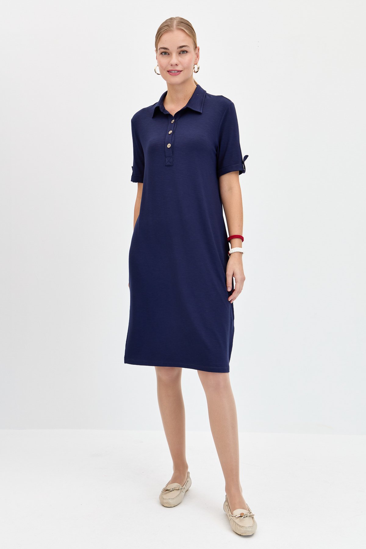 KMY24089Kadın Gömlek Yaka Penye Elbise K.Lacivert