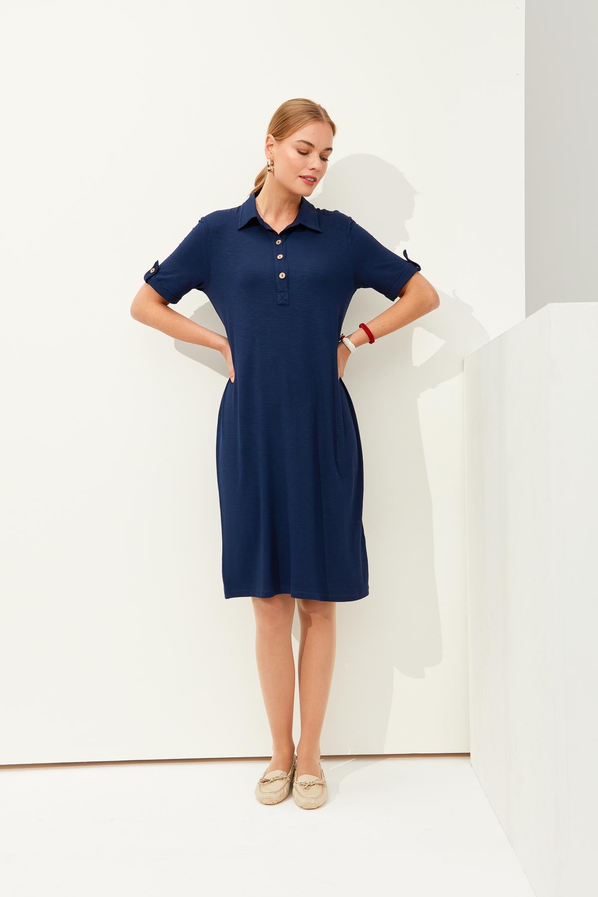 KMY24089Kadın Gömlek Yaka Penye Elbise K.Lacivert