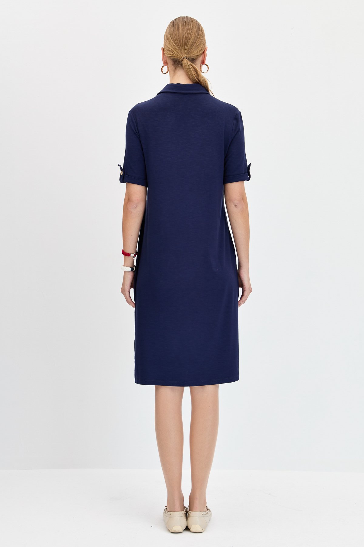 KMY24089Kadın Gömlek Yaka Penye Elbise K.Lacivert