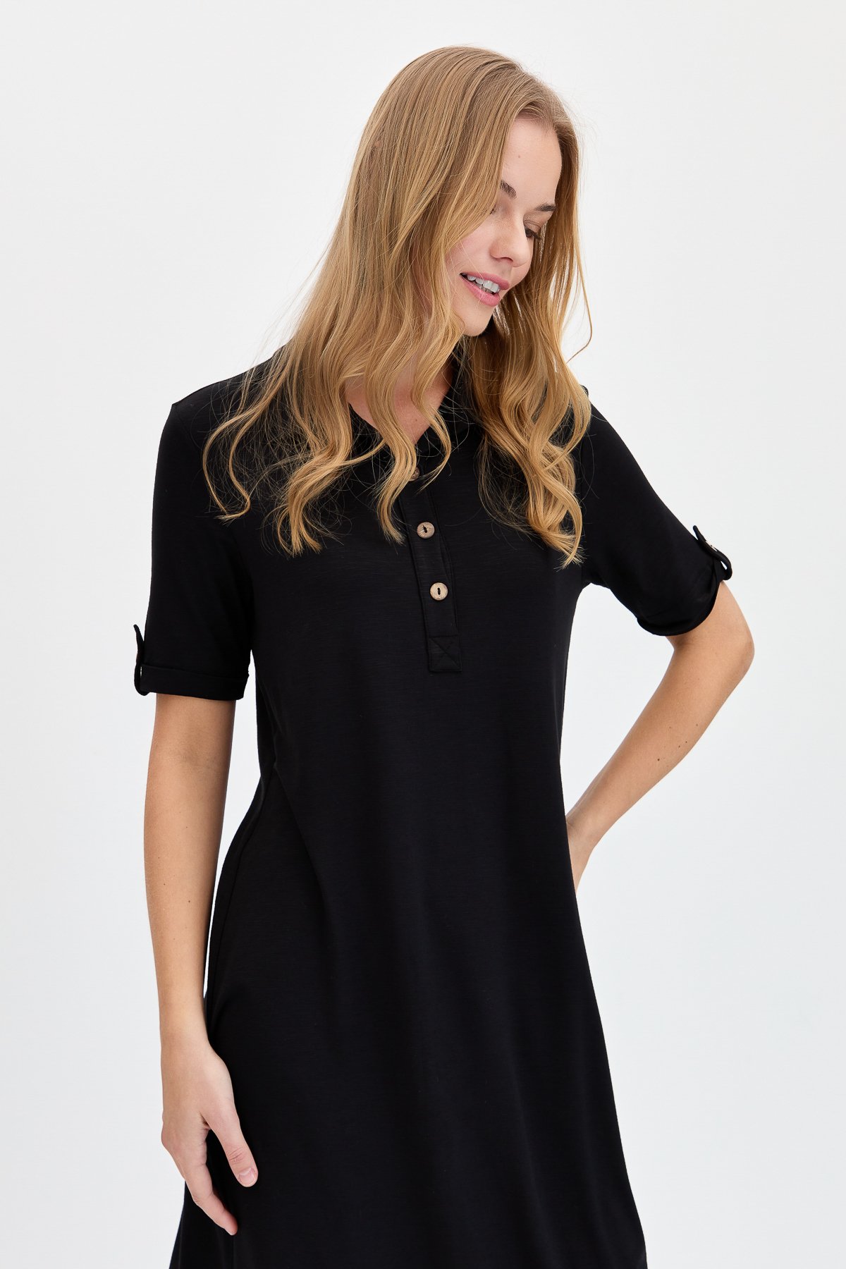 KMY24089Kadın Gömlek Yaka Penye Elbise Siyah