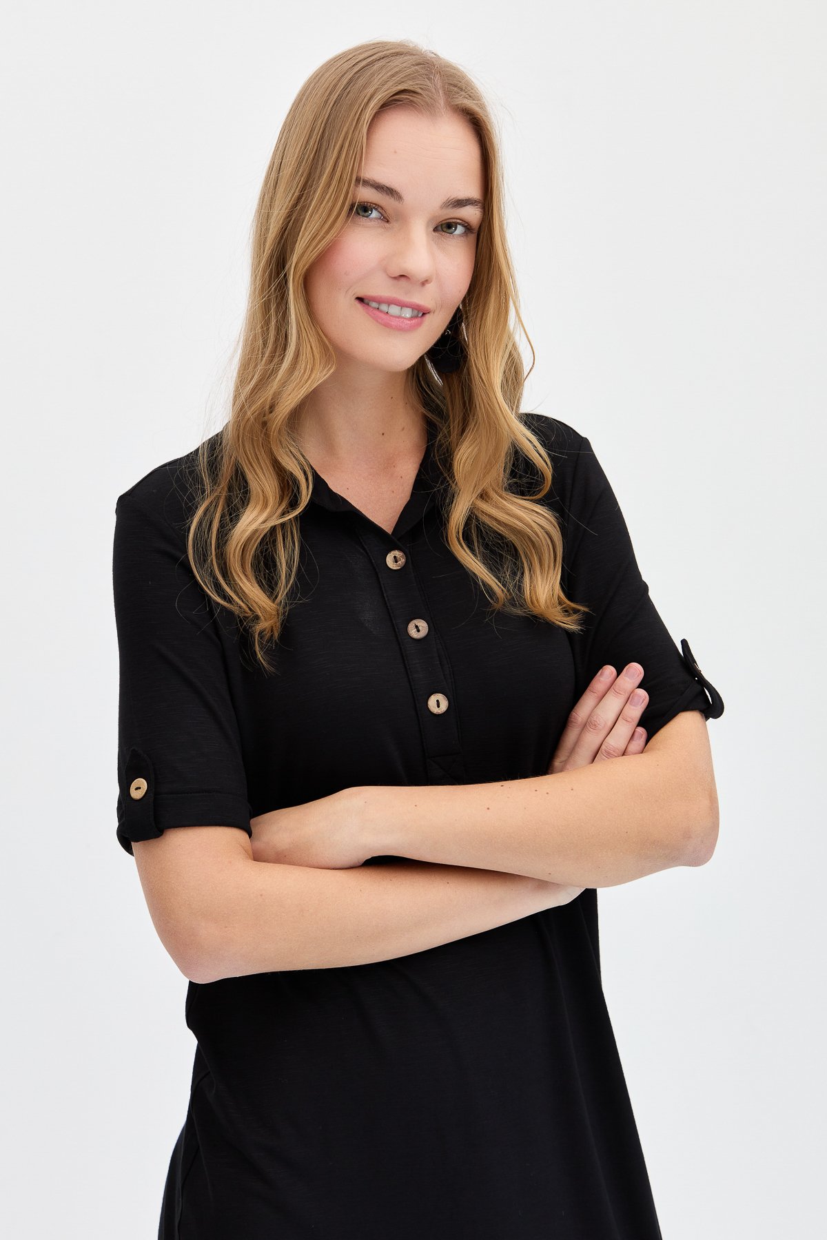 KMY24089Kadın Gömlek Yaka Penye Elbise Siyah