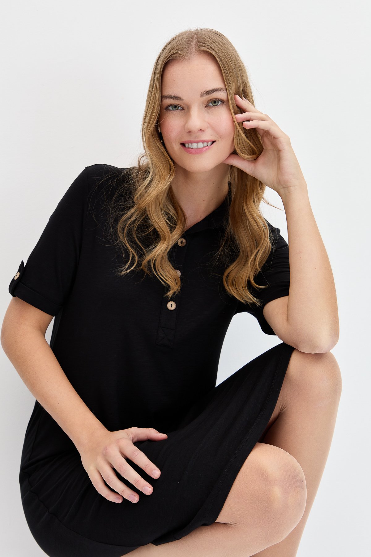 KMY24089Kadın Gömlek Yaka Penye Elbise Siyah