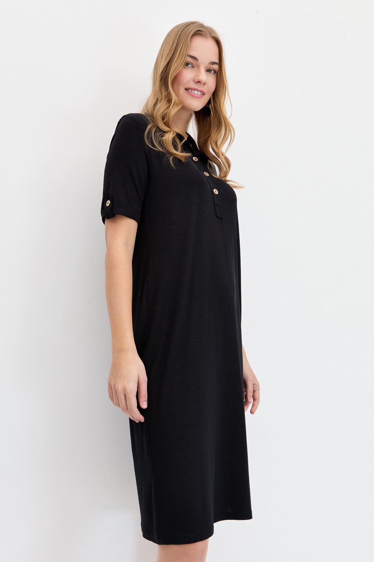 KMY24089Kadın Gömlek Yaka Penye Elbise Siyah