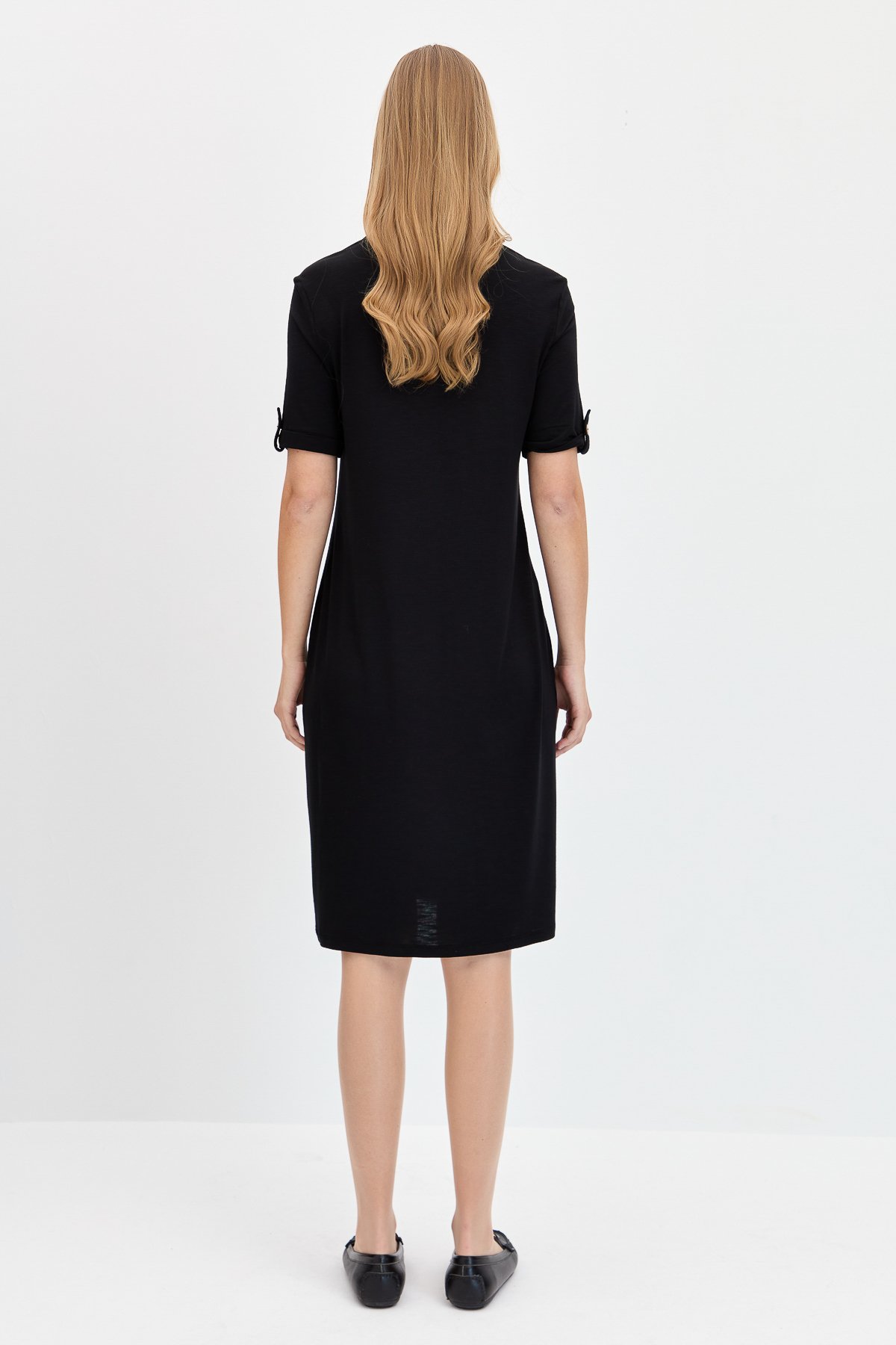 KMY24089Kadın Gömlek Yaka Penye Elbise Siyah