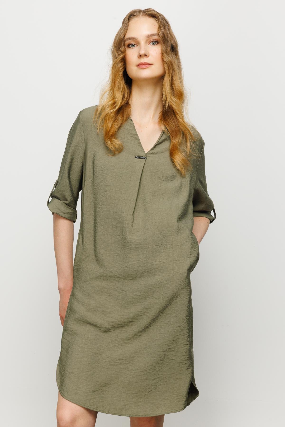 23466Kadın Gömlek Yaka Pileli Penye Elbise Haki