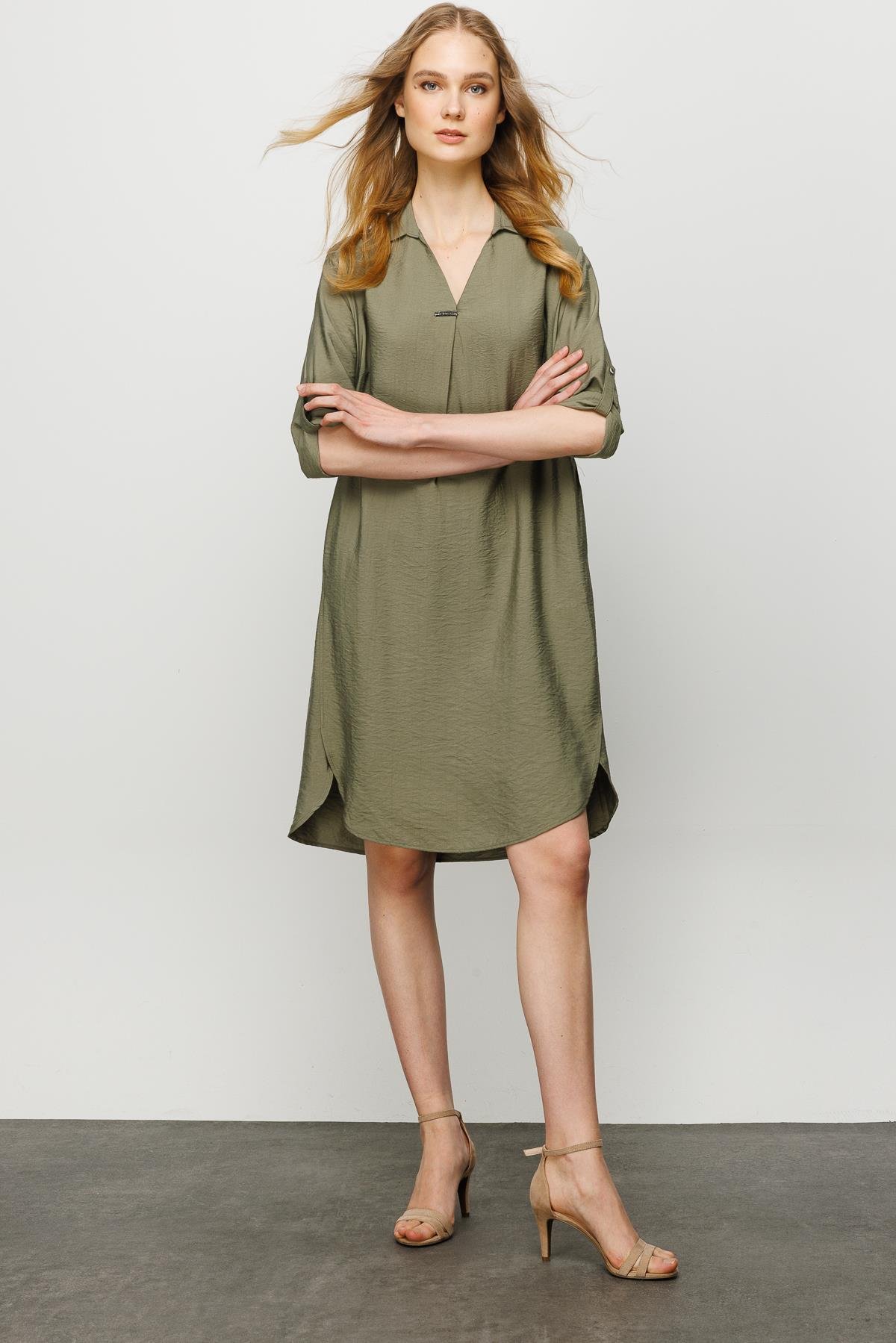23466Kadın Gömlek Yaka Pileli Penye Elbise Haki