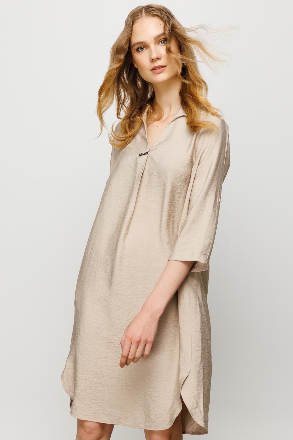 23466Kadın Gömlek Yaka Pileli Penye Elbise Vizon