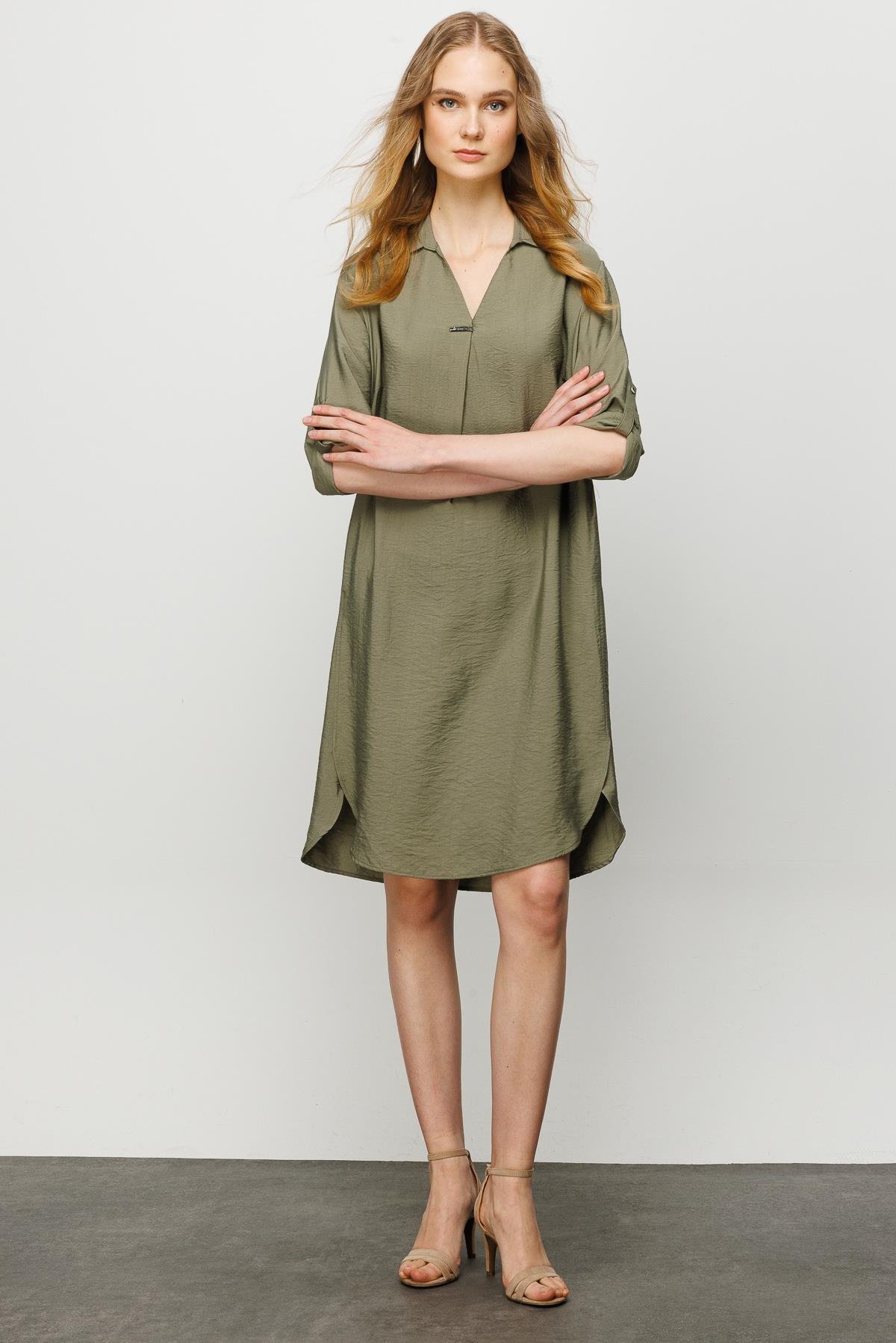 23466Kadın Gömlek Yaka Pileli Penye Elbise Haki