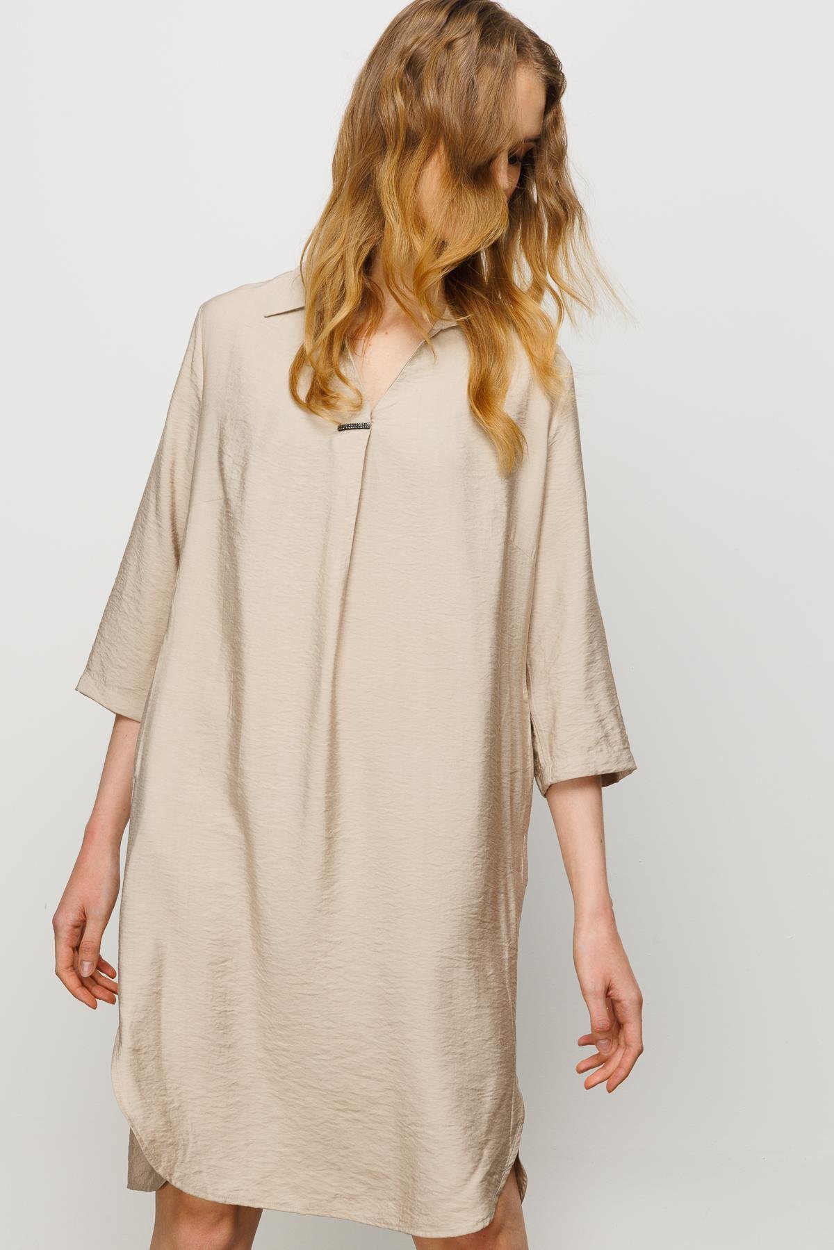 23466Kadın Gömlek Yaka Pileli Penye Elbise Vizon